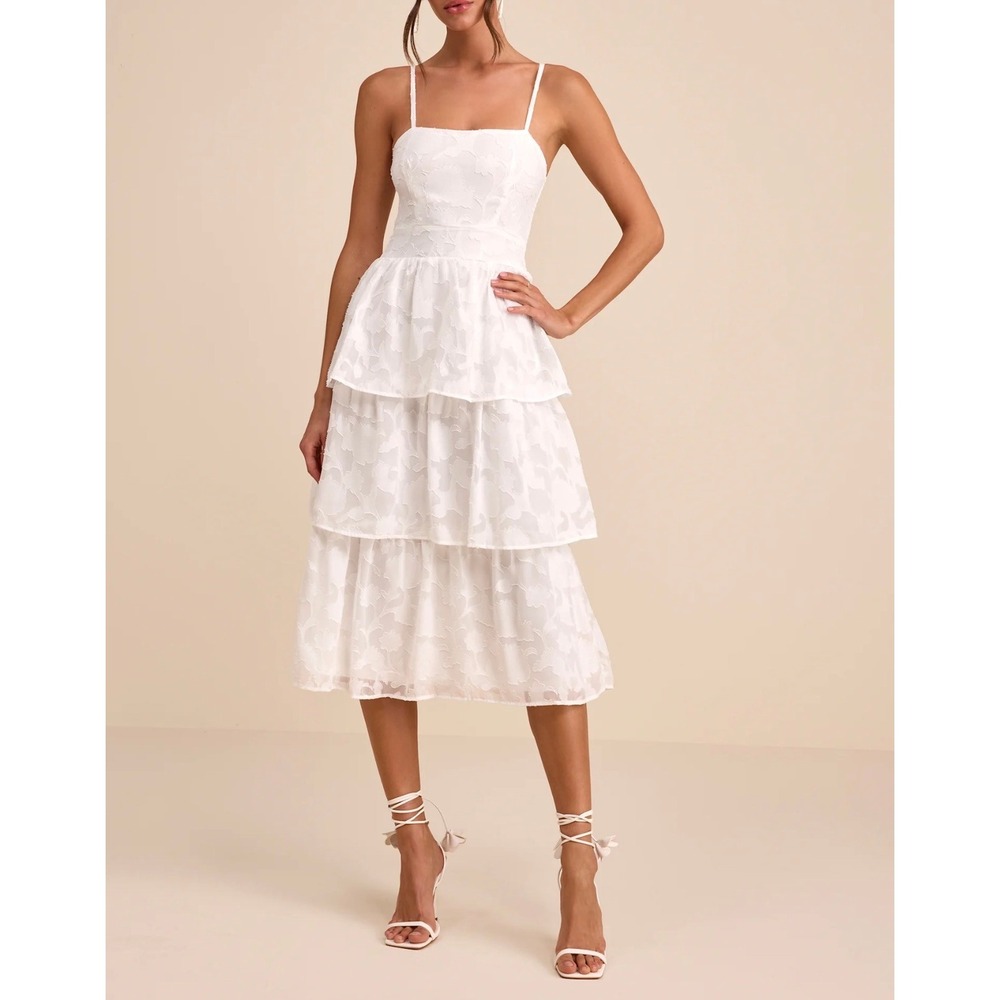 Lulus Grace & Beauty White Burnout Floral Tiered Midi Dress Smocked XL NWT 2698